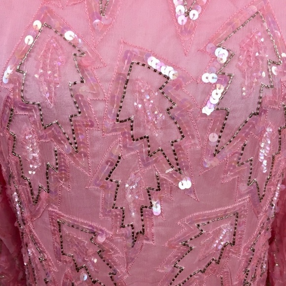 Vintage 80’s Silk Sequin Midi Shift Dress Long Sleeve Cocktail Dress - Picture 4 of 12